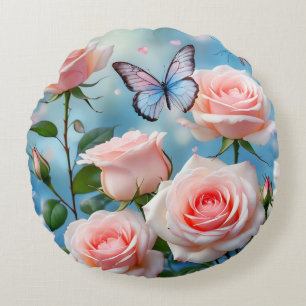 Cojín Redondo Flor rosa rosa suave mariposa azul
