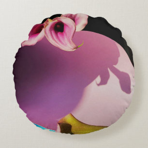 Cojín Redondo Flor rosa y amarilla en papel rosa