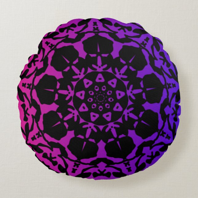 Cojín Redondo flor rosa y morada de Mandala (Anverso)