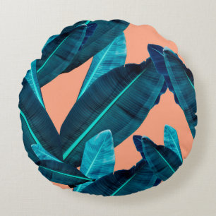 Cojín Redondo Flor tropical sin foco, planta y patrón de hojas b