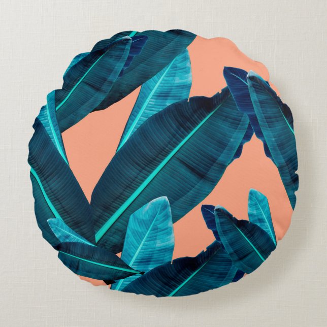 Cojín Redondo Flor tropical sin foco, planta y patrón de hojas b (Anverso)