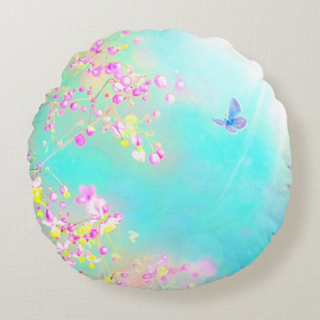 Cojín Redondo Flor y mariposa primavera azul rosa lindo (Anverso)