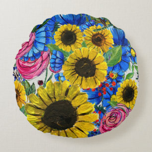 Cojín Redondo Flora rosa amarilla azul sin soldadura