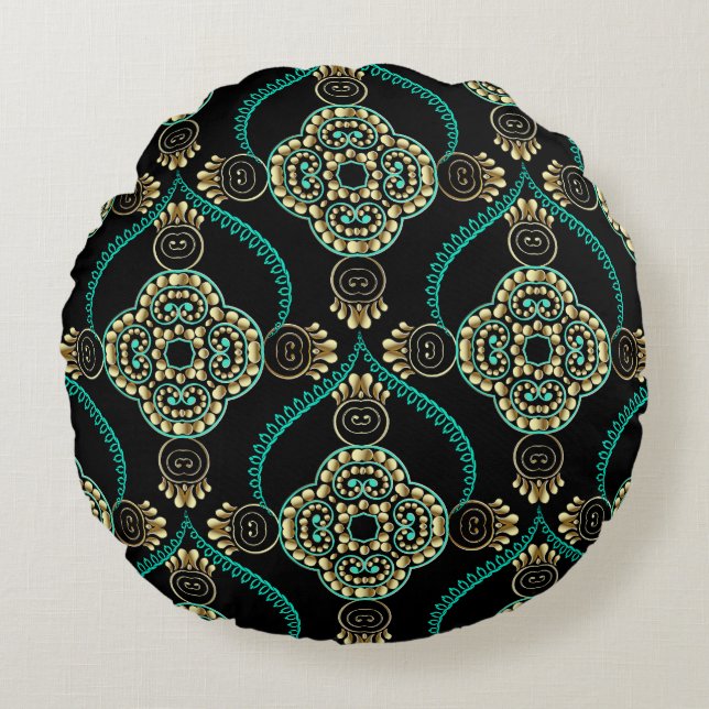 Cojín Redondo Floral árabe, elegante patrón vintage. (Anverso)