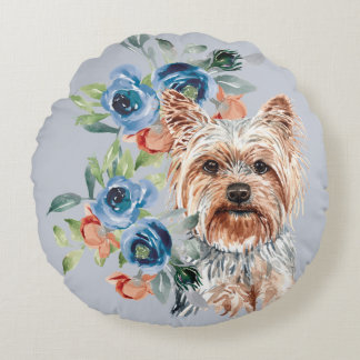 Cojín Redondo Floral azul Bouquet Yorkshire Terrier