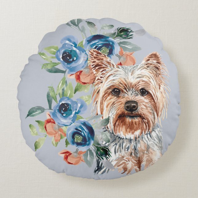 Cojín Redondo Floral azul Bouquet Yorkshire Terrier (Anverso)