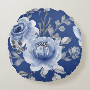 Cojín Redondo Floral azul marino y elegante acuarela moderna