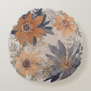 Cojín Redondo Floral azul turbio y acuarela Naranja