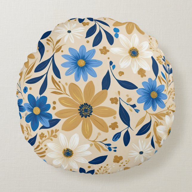 Cojín Redondo floral azul y dorado (Anverso)
