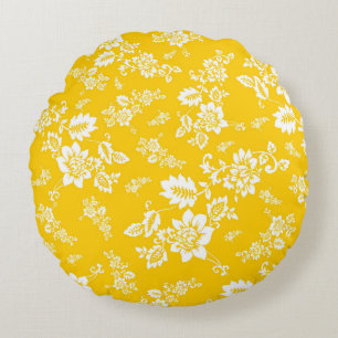 Cojín Redondo Floral Blanca sobre Fondo Amarillo de Primavera