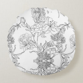 Cojín Redondo Floral blanca y negra