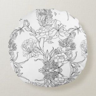 Cojín Redondo Floral blanca y negra
