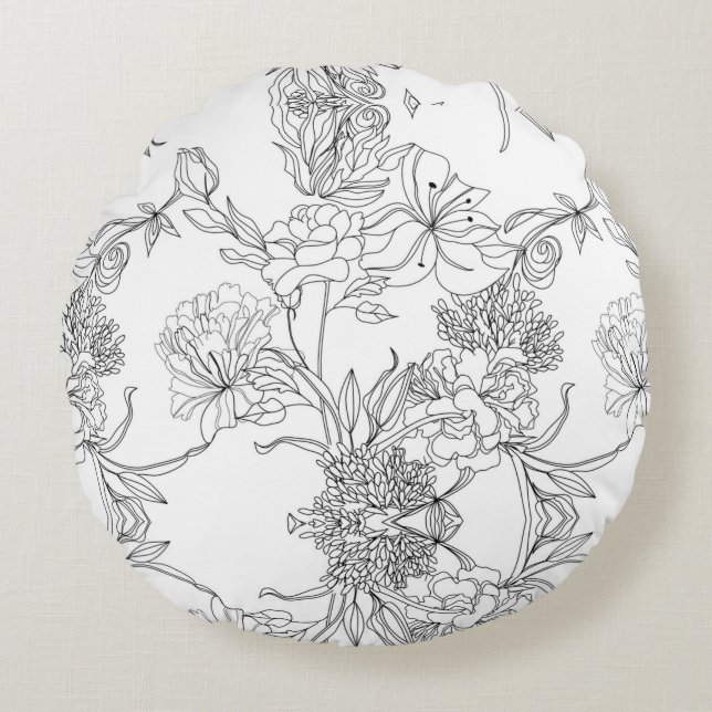 Cojín Redondo Floral blanca y negra (Anverso)