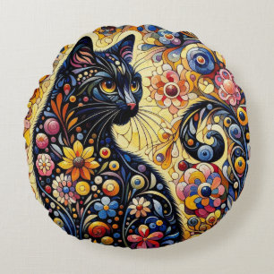 Cojín Redondo Floral brillante negro gato Kitty amarillo azul