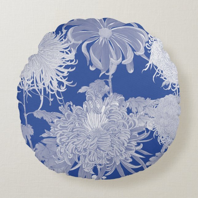 Cojín Redondo Floral Chinoiserie Blue White Vintage (Anverso)