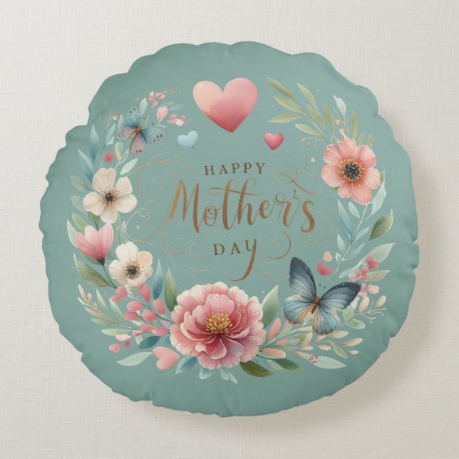Cojín Redondo Floral con mariposa feliz día de la madre (Anverso)