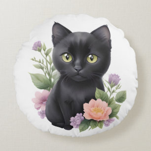 Cojín Redondo Floral cúrcuma de gato negro