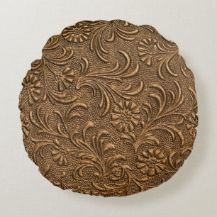Cojín Redondo Floral de cobre: arte de panel Grabado en relieve.