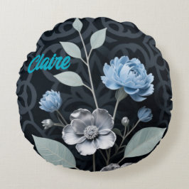Cojín Redondo Floral de invierno escarpado, patrón de hielo azul