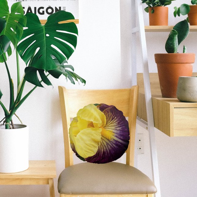 Cojín Redondo Floral de iris morado y amarillo (In Situ Chair)