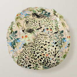 Cojín Redondo Floral de leopardo tropical hawaiano