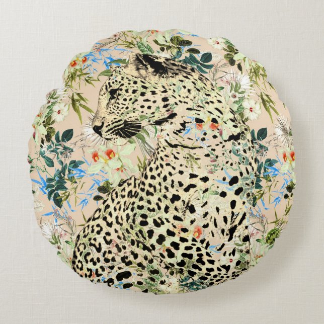 Cojín Redondo Floral de leopardo tropical hawaiano (Anverso)