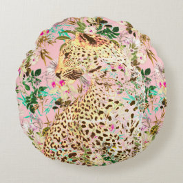 Cojín Redondo Floral de leopardo tropical hawaiano
