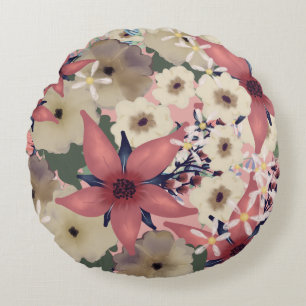 Cojín Redondo Floral de país   Flores de color rosa coral y azul