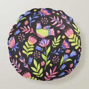 Cojín Redondo Floral de primavera: Patrón de color agua sin foco