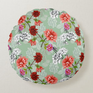 Cojín Redondo Floral de primavera verde: mano dibujada