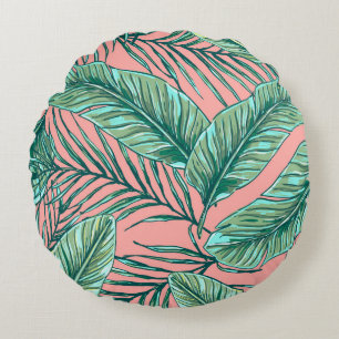 Cojín Redondo Floral de selva tropical: patrón de hojas de palme