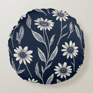 Cojín Redondo floral de verano azul y blanco - estilo impresión