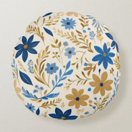 Cojín Redondo Floral dorada azul y blanca