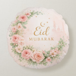 Cojín Redondo Floral Eid Mubarak – Regalo Islámico Rosa Claro f