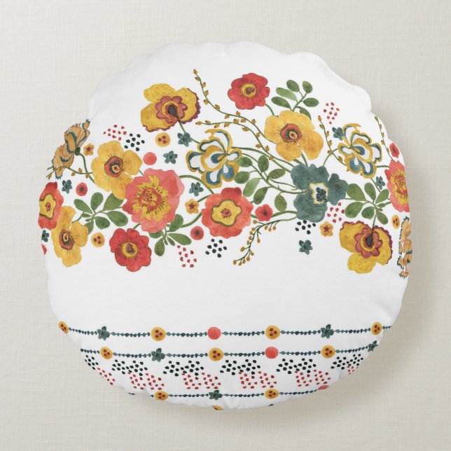 Cojín Redondo Floral Estilizada: Diseño Seamless de Acuarela. (Anverso)