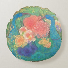Cojín Redondo Floral Fantasia: Peacocks in Bloom