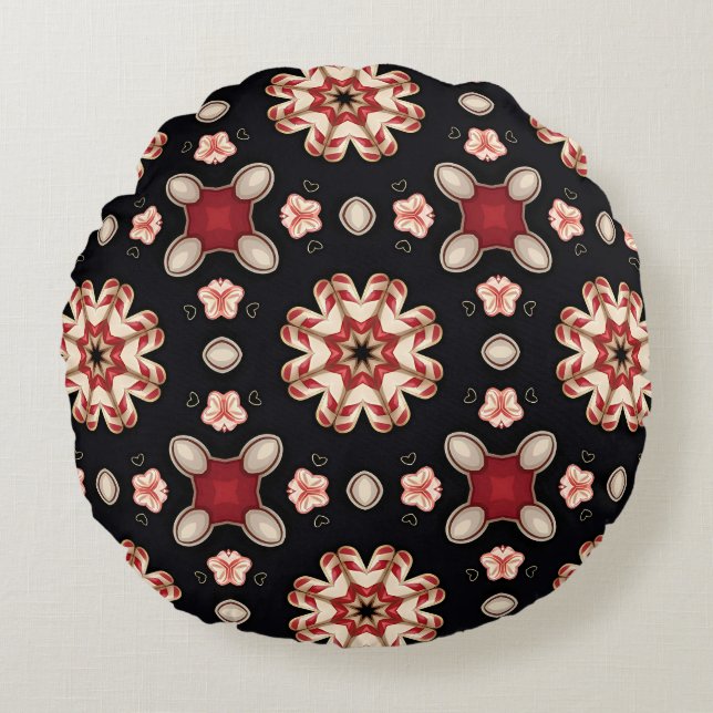 Cojín Redondo Floral geométrica roja y beige (Anverso)