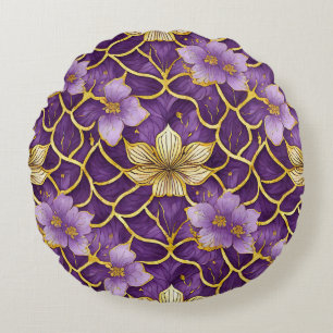 Cojín Redondo Floral Japonés Púrpura Dorado