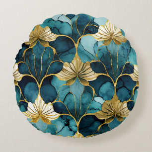 Cojín Redondo Floral Japonés Verde Azul Dorado
