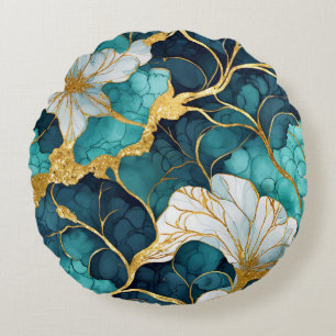 Cojín Redondo Floral Japonés Verde Teal Dorado