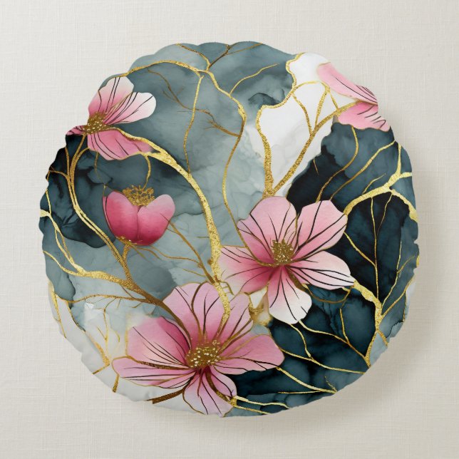 Cojín Redondo Floral japonesa, rosa con oro (Anverso)