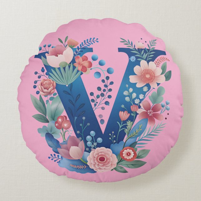 Cojín Redondo Floral Letter V Monogram Throw Pillow for home (Anverso)