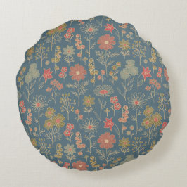 Cojín Redondo Floral moderna de denim azul y coral
