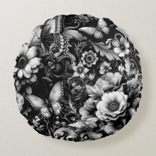 Cojín Redondo Floral monocromática antigua con mariposas