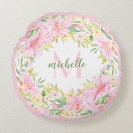 Cojín Redondo Floral Monograma Acuarela Verde Rosa Botánico