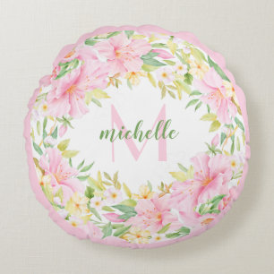 Cojín Redondo Floral Monograma Acuarela Verde Rosa Botánico
