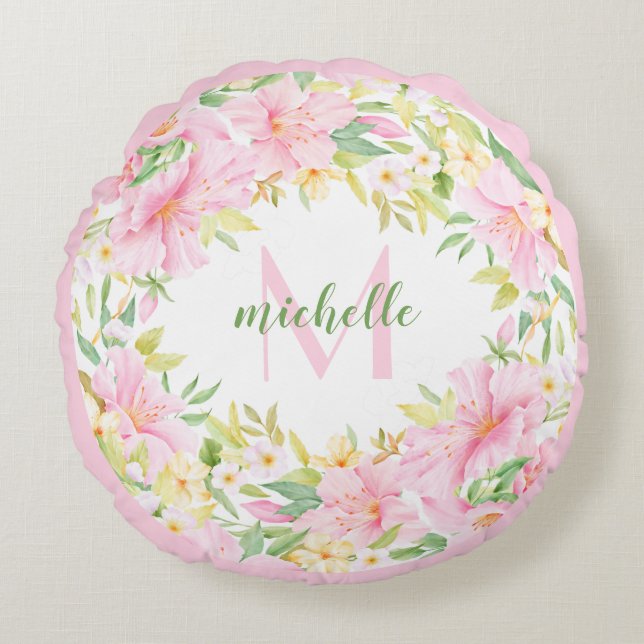 Cojín Redondo Floral Monograma Acuarela Verde Rosa Botánico (Anverso)