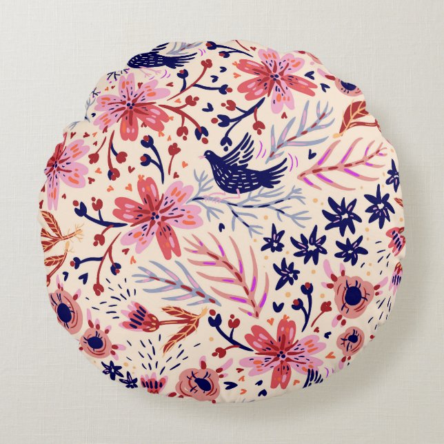 Cojín Redondo Floral, pájaros, vintage sin costuras. (Anverso)