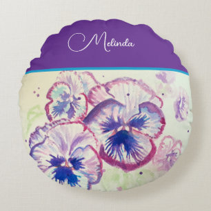 Cojín Redondo Floral Pastel Pansy Morado Aquarela 