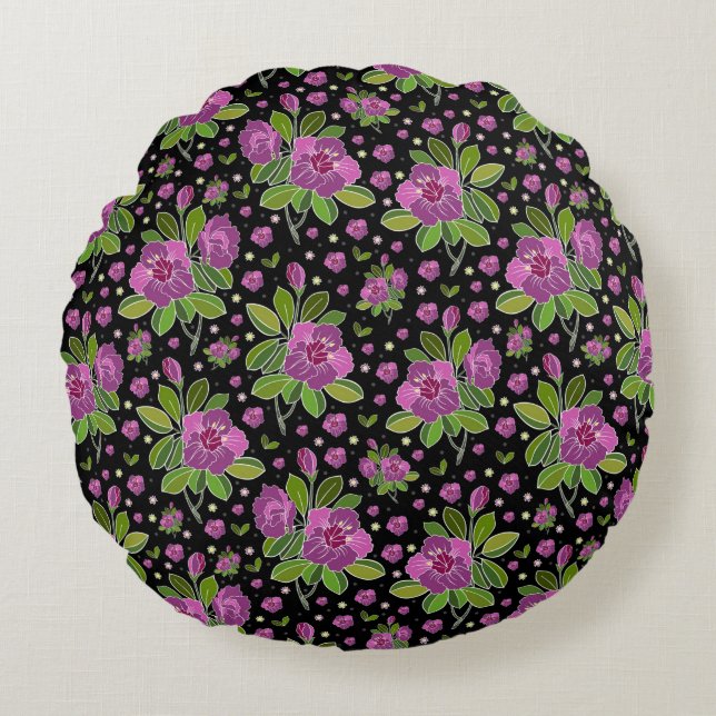 Cojín Redondo Floral Pattern Lilac Pink Green Black (Anverso)